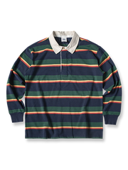 製品画像
グレーとバーガンディを基調としたブロックストライプデザインのラグビーシャツ。太いストライプと細いラインの組み合わせが80-90年代のアメカジカレッジスタイルを忠実に再現したクラシックな一着

詳細画像
ピュアコットン素材の襟元とグレーとバーガンディのブロックストライプ切り替え部分のディテール。丁寧な裁縫技術が際立つ仕上がりで、セロスパン技術によるヘビーウェイト生地の質感が魅力