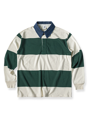 製品画像
グレーとバーガンディを基調としたブロックストライプデザインのラグビーシャツ。太いストライプと細いラインの組み合わせが80-90年代のアメカジカレッジスタイルを忠実に再現したクラシックな一着

詳細画像
ピュアコットン素材の襟元とグレーとバーガンディのブロックストライプ切り替え部分のディテール。丁寧な裁縫技術が際立つ仕上がりで、セロスパン技術によるヘビーウェイト生地の質感が魅力