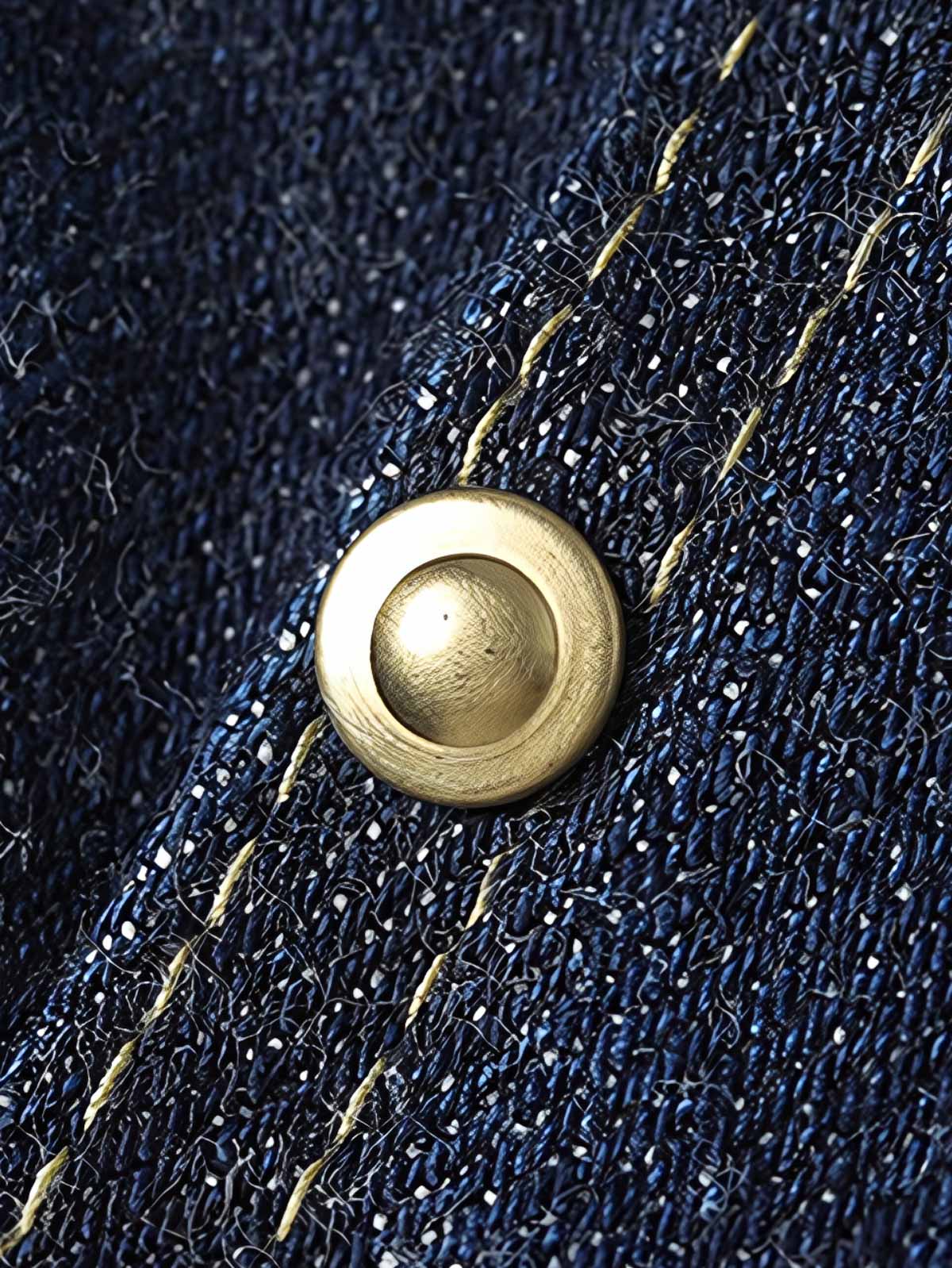 製品画像
1940年代戦時中のS101Jを忠実に再現したリバイバルデニムジャケットの正面デザイン。14オンスのセルビッジデニムとヴィンテージ感溢れるインディゴブルーの色合いが特徴

詳細画像
鉄製の月桂（ゲッケイ）ボタンと真鍮製フライングソーサーリベットのディテール。経年変化による自然な錆びが美しく、クラシックなワークウェアの魅力を引き立てる精密な縫製
