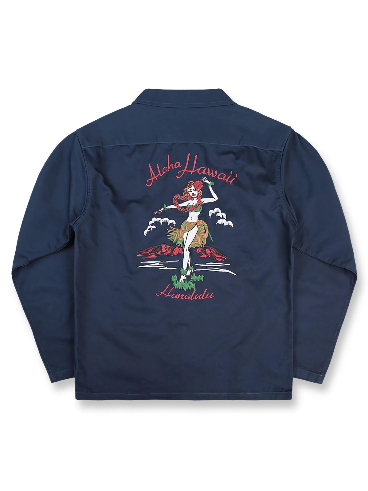 製品画像
「ヴィンテージ刺繍 長袖シャツ全体イメージ。胸元や背中に施されたアメリカンカルチャーを反映した刺繍が特徴のクラシックなデザイン。」

詳細画像
「胸元に描かれたカリフォルニアやハワイを象徴する文化的刺繍ディテールのクローズアップ。イーグルやフラダンスをする女性など、熟練の手作業によるヴィンテージ感あふれる仕上がり。」