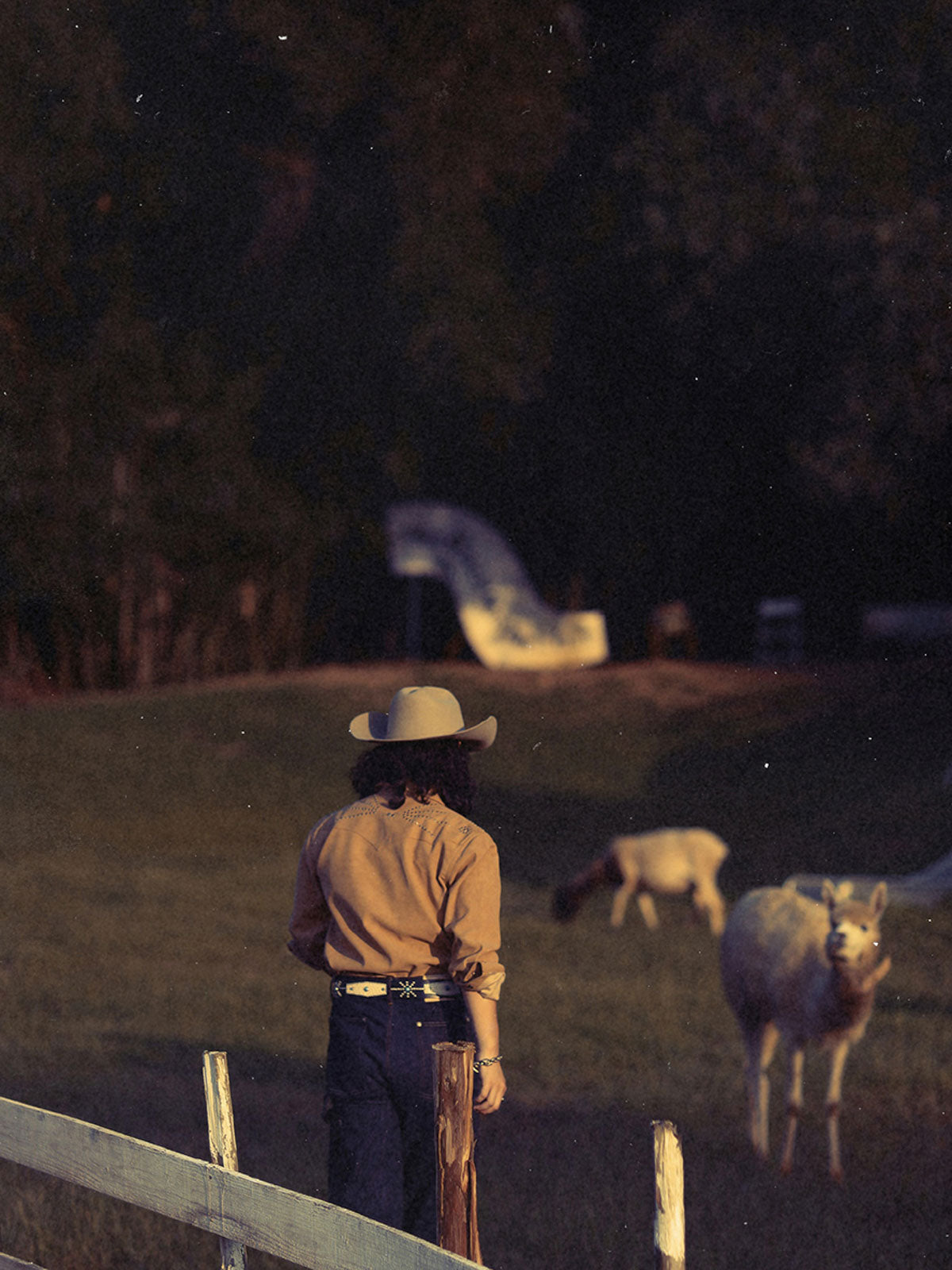 詳細画像: ビーズ装飾と狼モチーフのディテール展示
モデル画像: スエード調ウエスタンシャツを着用したスタイリング例