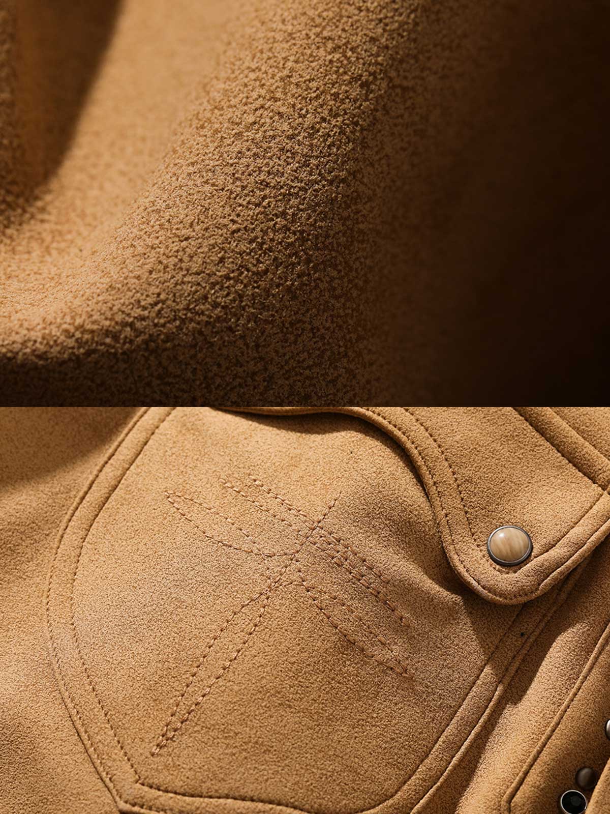 製品画像: カーキ色のスエード調ウエスタンシャツの正面展示
詳細画像: ビーズ装飾と狼モチーフのディテール展示