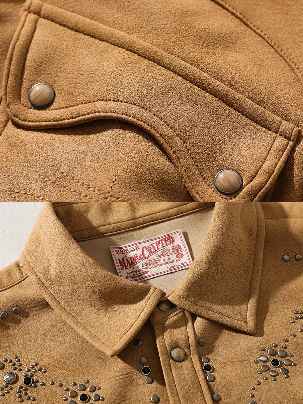 製品画像: カーキ色のスエード調ウエスタンシャツの正面展示
詳細画像: ビーズ装飾と狼モチーフのディテール展示