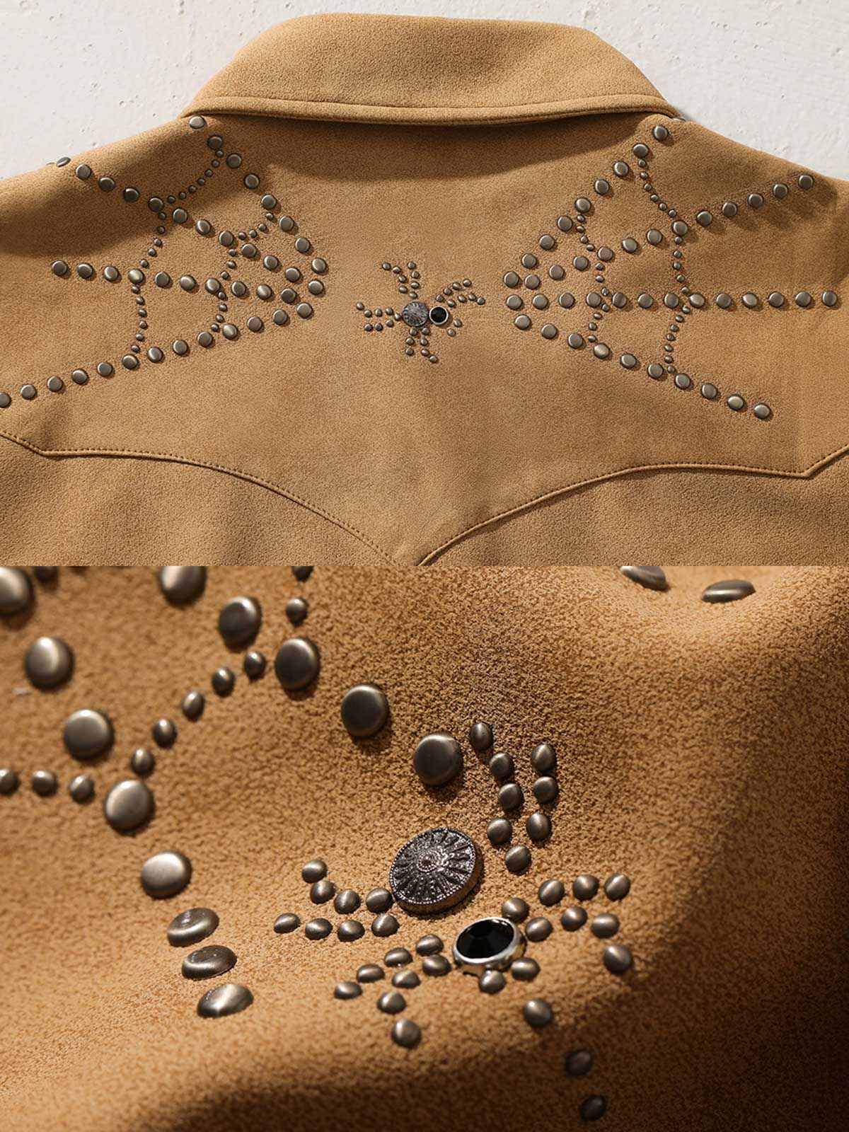 製品画像: カーキ色のスエード調ウエスタンシャツの正面展示
詳細画像: ビーズ装飾と狼モチーフのディテール展示