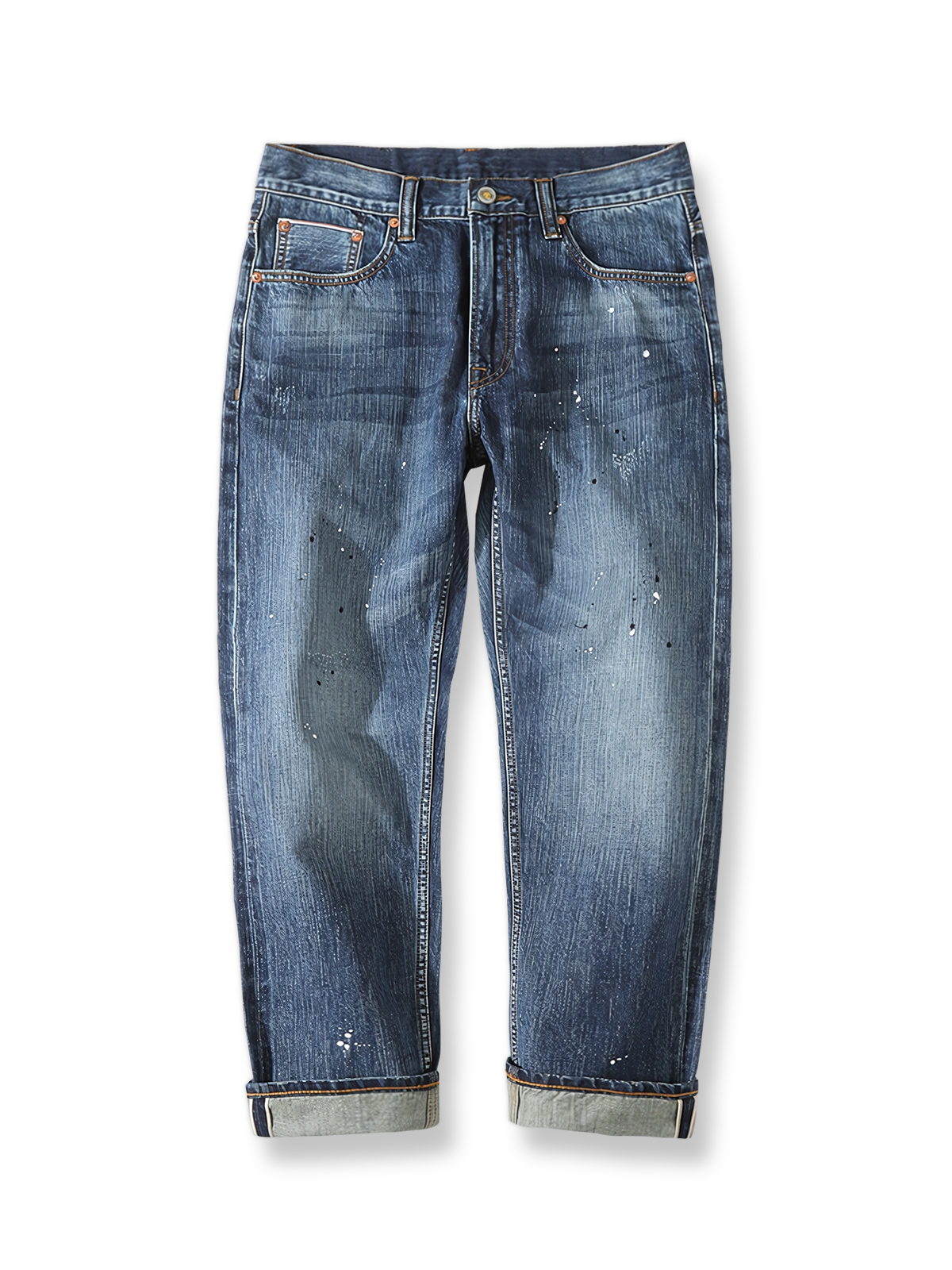 ヴィンテージスプラッシュインク加工とイタリア製植物タンニンレザーラベルを特徴とするヘビーウェイトセルビッジデニムクロップドパンツの背面全景