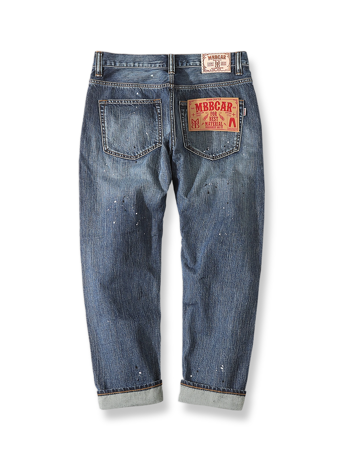 ヴィンテージスプラッシュインク加工とイタリア製植物タンニンレザーラベルを特徴とするヘビーウェイトセルビッジデニムクロップドパンツの背面全景