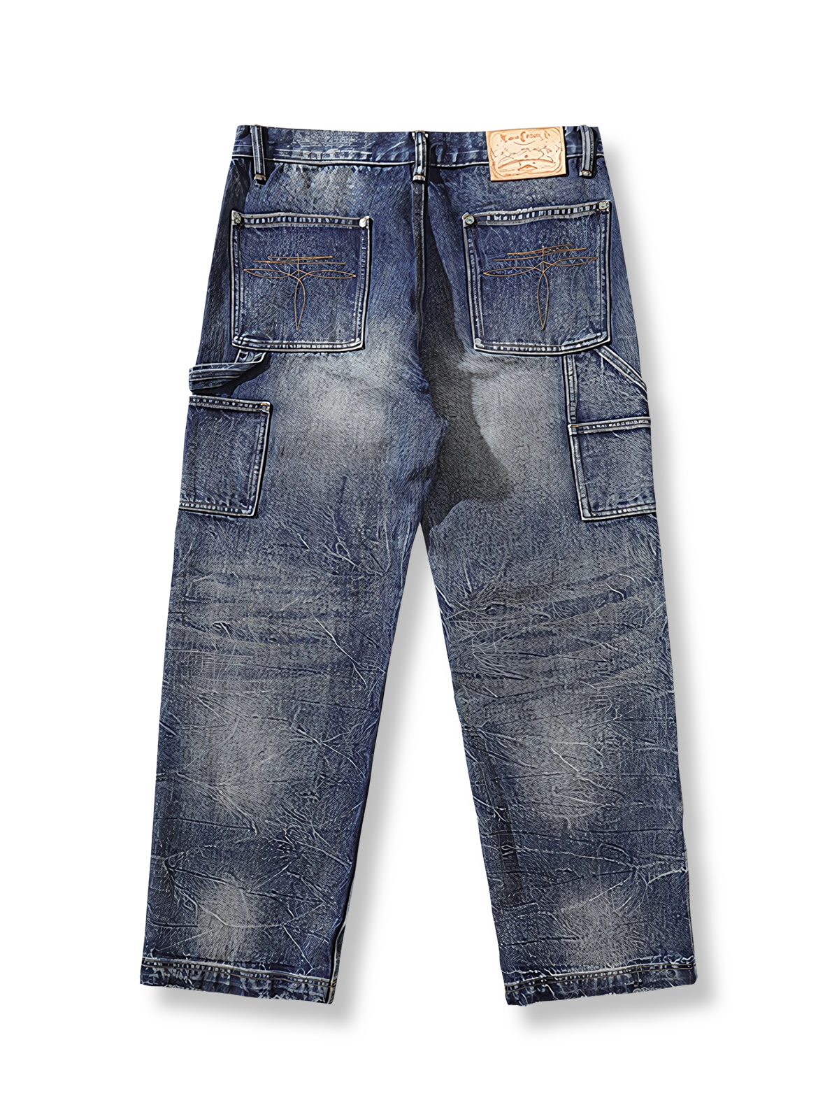 製品画像: 両膝クラッシュウォッシュセルビッジデニムワイドパンツの平置き画像 - ヴィンテージ風のテクスチャーとクラッシュデザイン
詳細画像: デニムパンツの膝クラッシュとウォッシュ加工のディテール - ヴィンテージ風デザイン