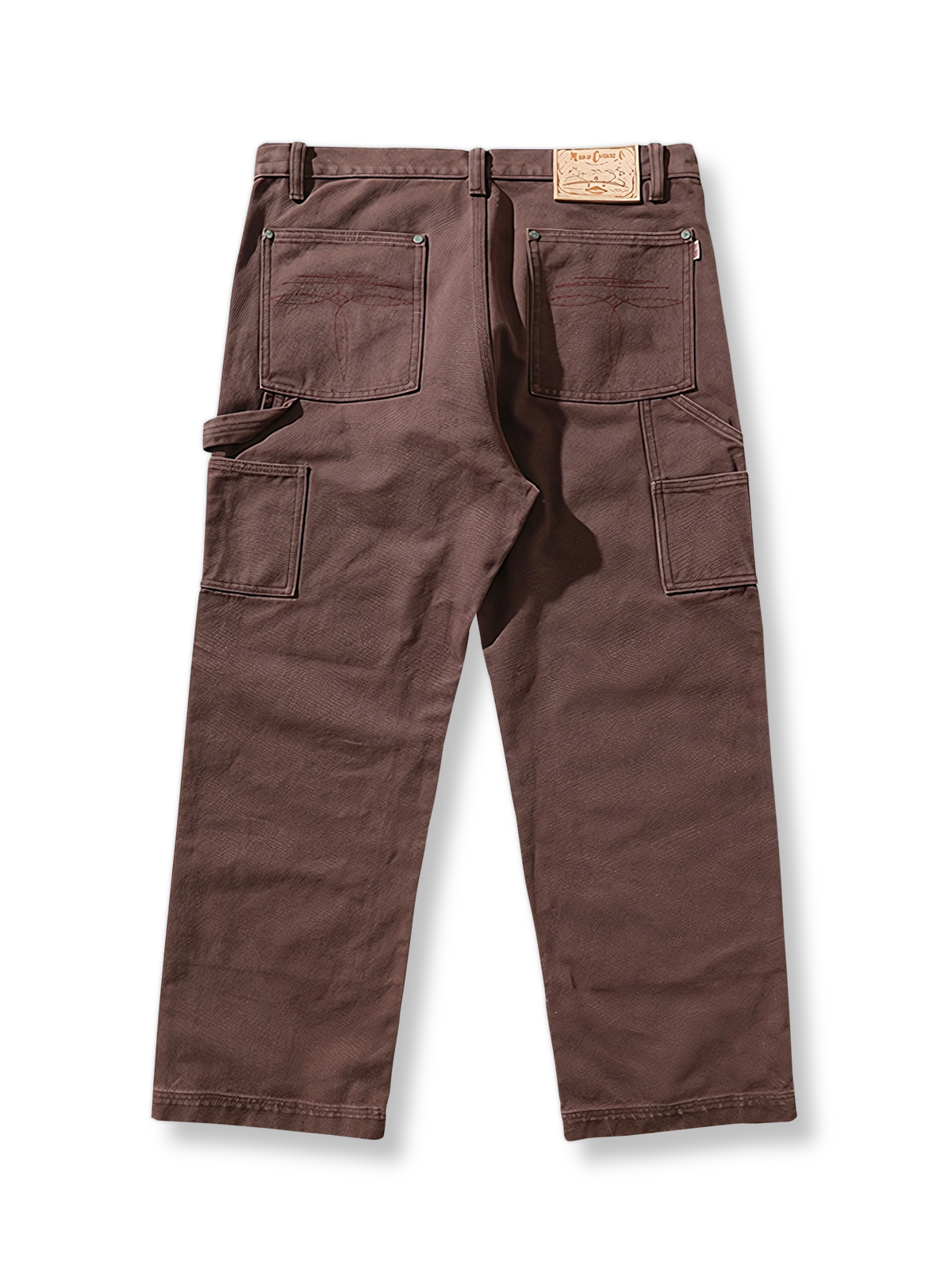 製品画像: 16OZ両膝刺繍ヴィンテージ加工ハイウエストワイドレッグワークパンツの平置き写真
詳細画像: 刺繍と膝当てデザインのディテール