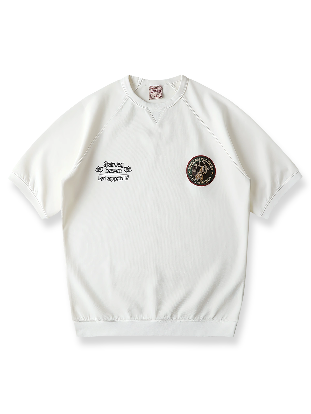 ツェッペリン飛行船とジミー・ペイジのロゴが刺繍されたロックTシャツ。