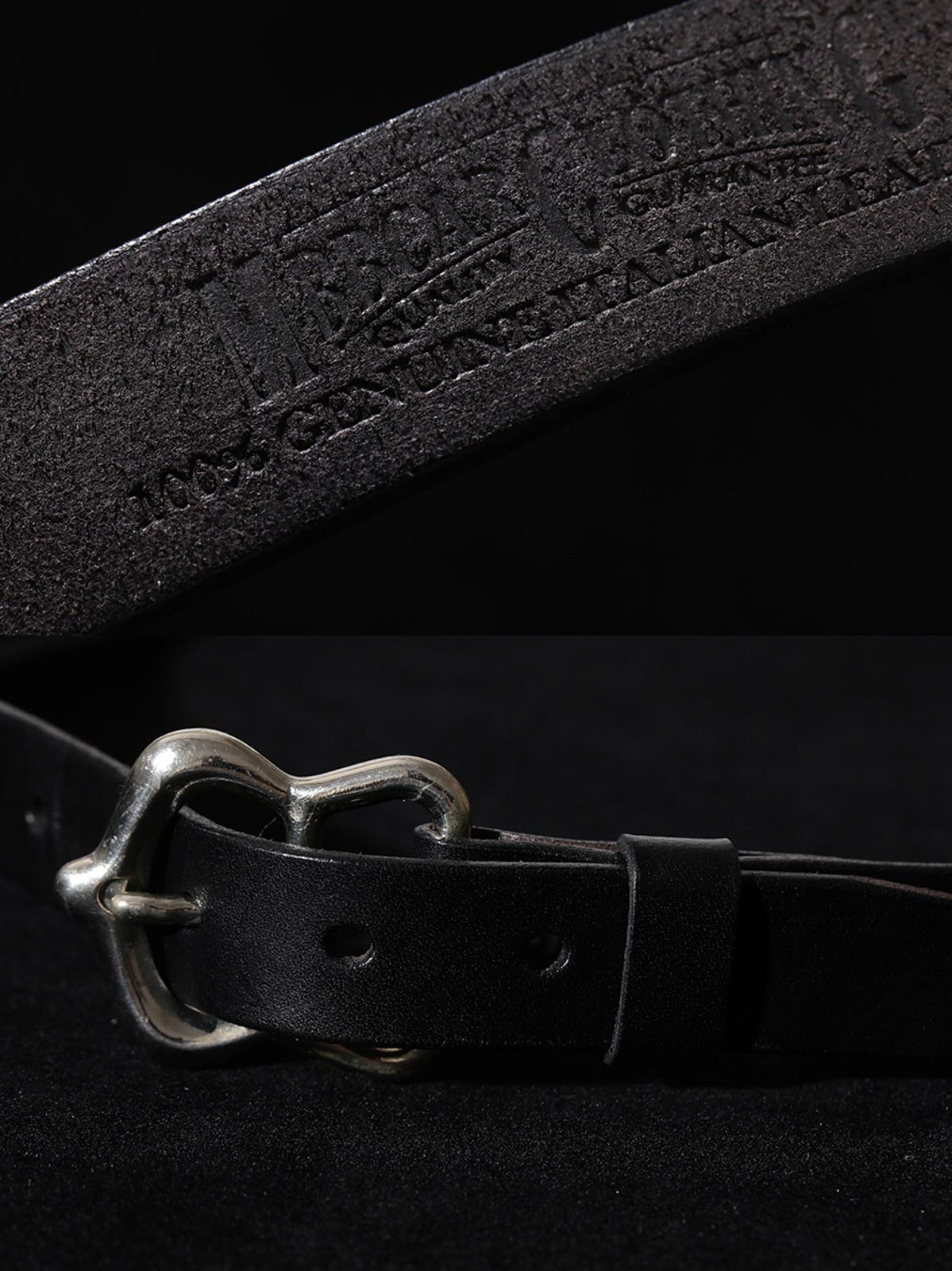 製品画像: ハンドメイドヴィンテージ合金バックルレザーベルトの正面図
詳細画像: バックルとレザーのディテールクローズアップ