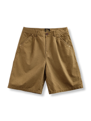 ヴィンテージ加工が施されたログマン・マルチポケットショーツの正面ビュー。純棉素材で作られ、直筒カットとサイドバックのツールポケットが特徴。