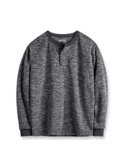 製品画像: アメリカンヴィンテージ ダブルフリース ヘンリーネック長袖Tシャツ メンズ 正面ビュー
詳細画像: ヘンリーネックのクラシックなY字ボタンとダブルフリース素材のディテール