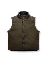 製品画像: リバーシブル キルティング中綿ベスト メンズ ヴィンテージ風デザイン 正面全体図
詳細画像: キルティングデザインとスナップボタン、内側と外側のスタイルのディテール