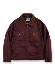 製品画像: デトロイトスタイルのコーデュロイ襟付きハンティングジャケットの平置き写真
詳細画像: コーデュロイ襟とサンダーバードレザーパッチのディテール