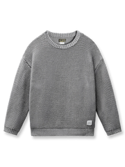 製品画像: ヴィンテージ風の重厚な厚手テクスチャーニットセーター全体像。1000g以上の重量感で、立体的な編み目が施され、冬に適した温かみと存在感が際立つデザイン。

詳細画像: ニットの編み目が立体的に見えるディテール画像。粗い糸で編まれた質感が、ヴィンテージ調の雰囲気を引き出し、耐久性の高さと毛玉の付きにくさを表現。