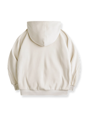 製品画像: ダブルフリース フード付きプルオーバーパーカー メンズ 300g重厚素材 正面全体図
詳細画像: パーカーの8つのボタン付きフードとマット質感スナップボタンのディテール