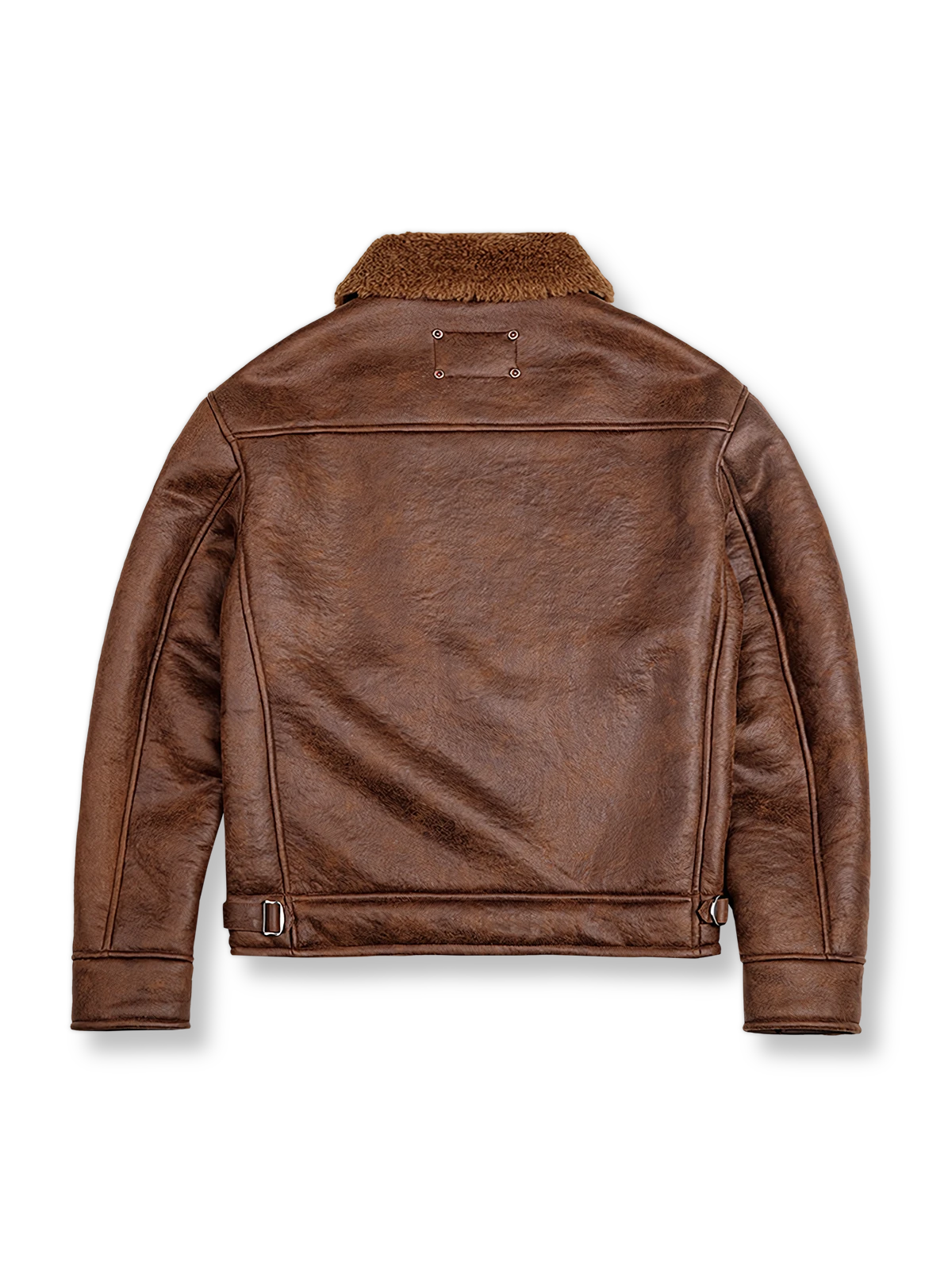 製品画像：アメリカンヴィンテージ風ムートンボマージャケットの正面展示。モカブラウンのレザー表面に色落ち加工が施され、クラシックな雰囲気を演出。
詳細画像：七つボタンの前立てと厚手のシープスキン襟のディテールをクローズアップ。ヴィンテージ感と実用性を兼ね備えた仕様。