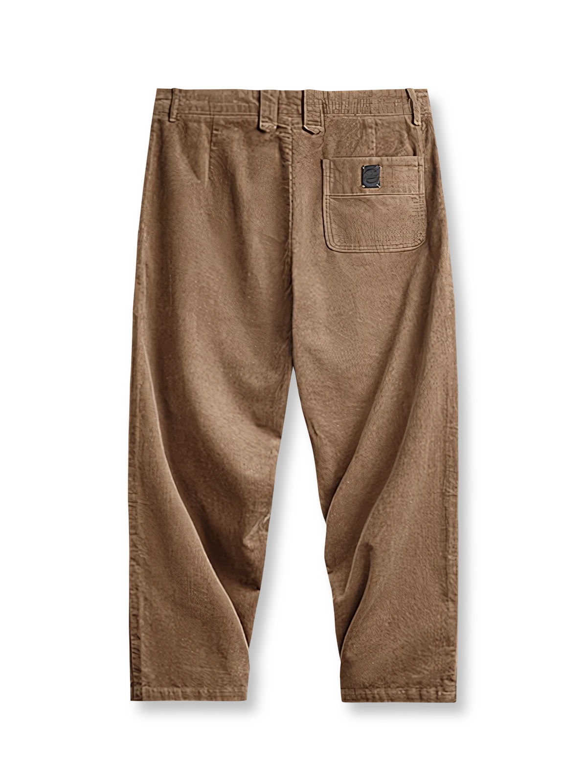 製品画像: ヴィンテージ風多ポケットコーデュロイカジュアルパンツ全体表示。11ウェールコーデュロイとレイヤード感が特徴で、秋冬スタイルに適したデザイン。

詳細画像: 木目調ボタンや多ポケットデザインのディテール表示。アンティーク風のメタルタグや異なるベルトループの幅がアクセント。