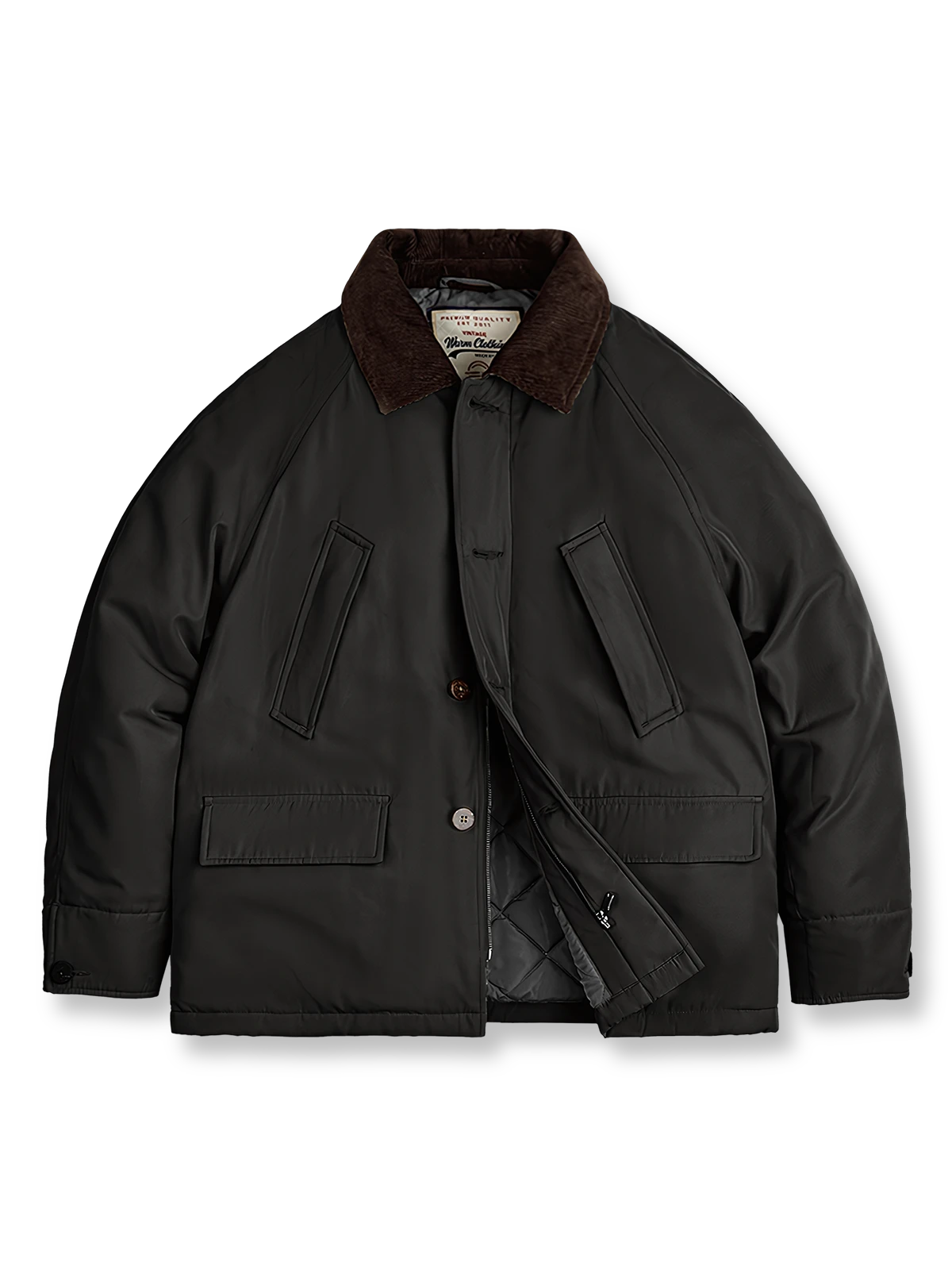 製品画像: アメリカンレトロラペルカラー厚手ハンティングジャケット全景展示。クラシックなデザインと無骨なスタイルが際立つアイテム。

詳細画像: コーデュロイラペルカラーとココナッツボタンの細部展示。ヴィンテージ感が引き立つディテール。