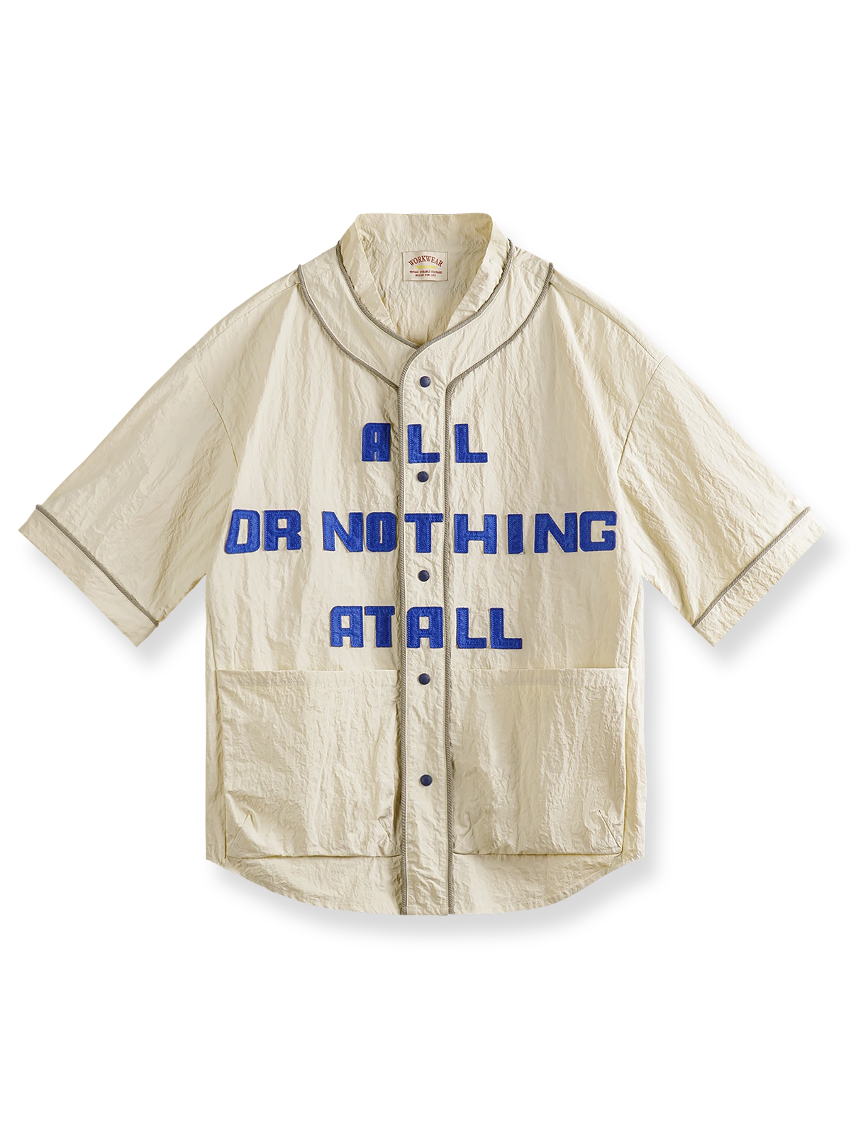 ヴィンテージシワ感ベースボールカラーアルファベットショートスリーブカーディガンの全景画像