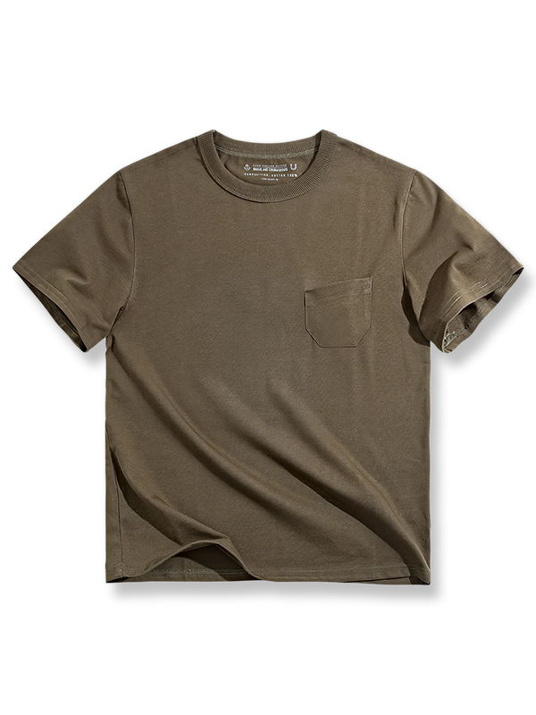 アメリカンスタイル 三重縫い ポケット付きコットンTシャツ