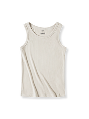 アプリコットカラーのリブフィットネスベースレイヤータイトタンクトップ正面展示。