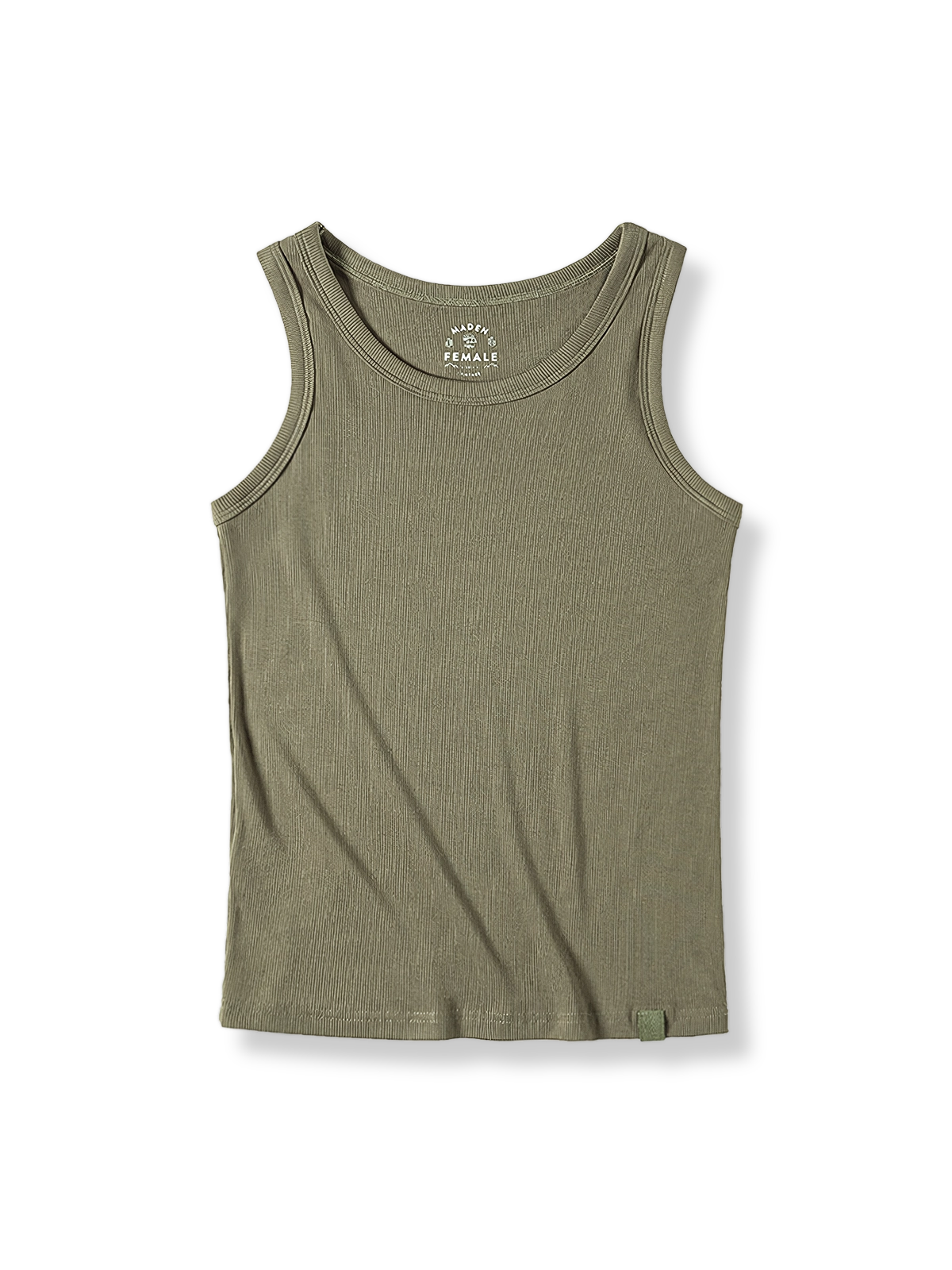 アプリコットカラーのリブフィットネスベースレイヤータイトタンクトップ正面展示。