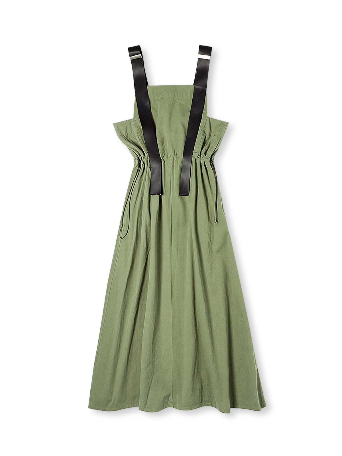 レトロなミリタリーグリーンのオーバーオールスカートを正面から展示