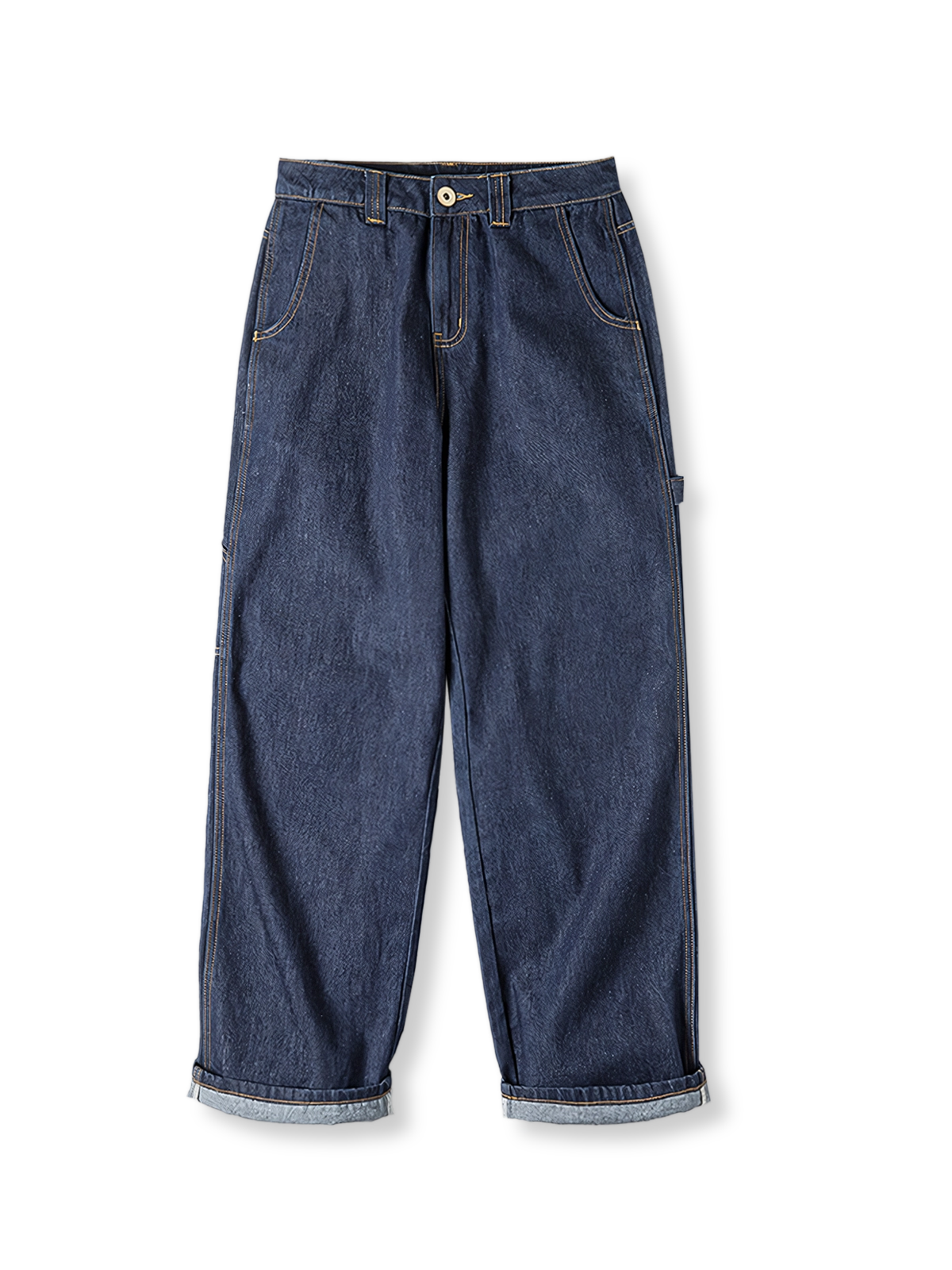 製品画像：ヴィンテージ風の深青色ストレートワークワイドレッグデニムパンツの正面図