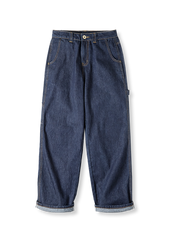製品画像：ヴィンテージ風の深青色ストレートワークワイドレッグデニムパンツの正面図