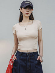 スクエアネック シャーリング スリムフィット 半袖Tシャツ