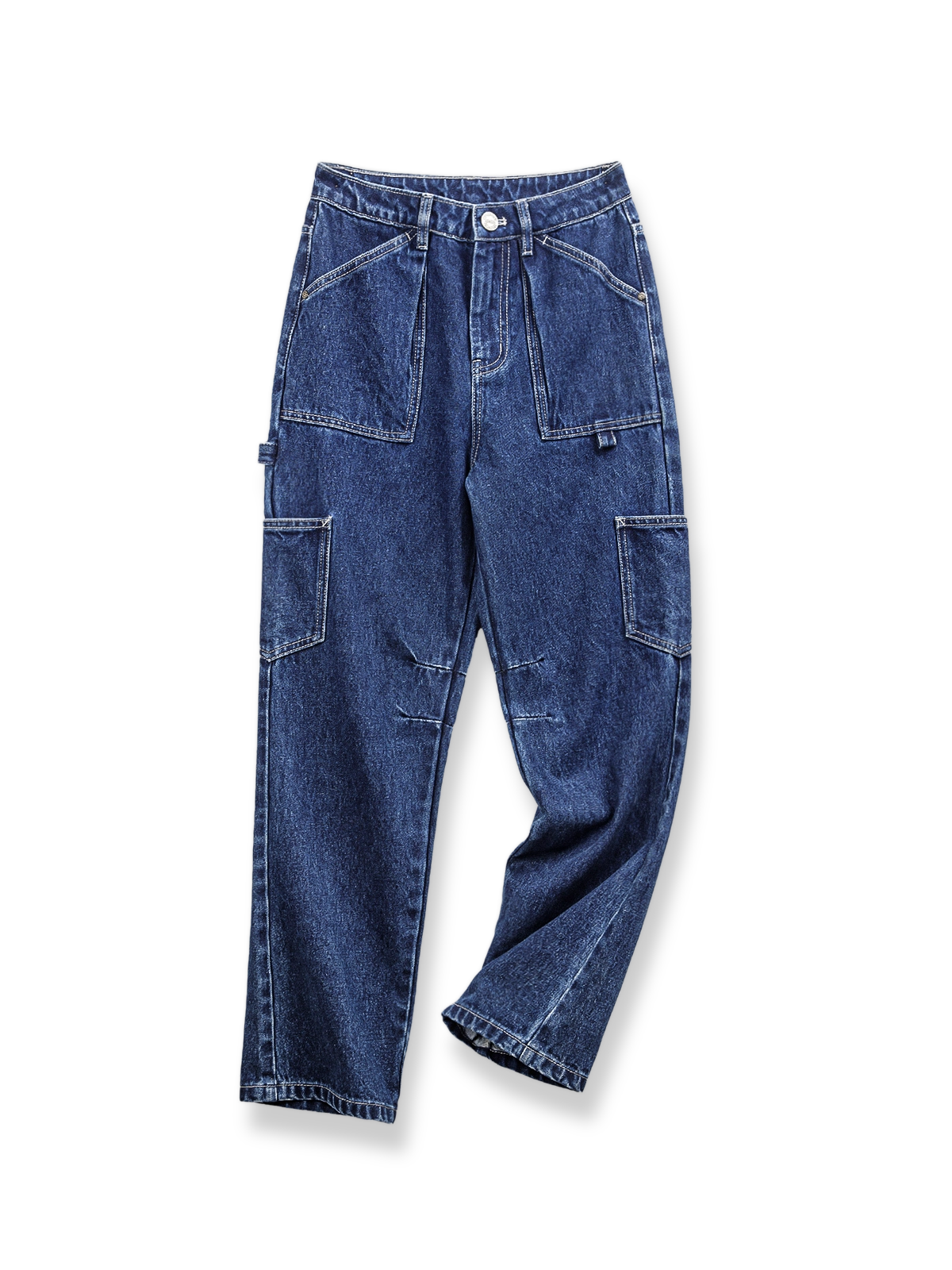 製品画像: 深いブルーのウォッシュ多ポケットワークジーンズ全貌