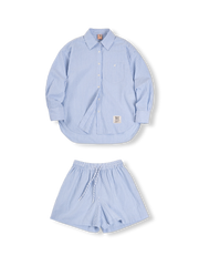 フレンチスタイル・ブルー&ホワイト ストライプ綿麻長袖シャツ