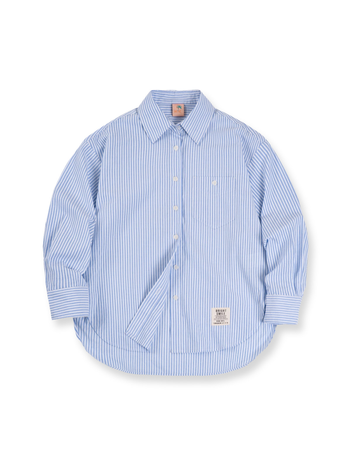 フレンチスタイル・ブルー&ホワイト ストライプ綿麻長袖シャツ