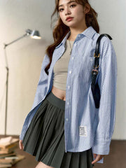 フレンチスタイル・ブルー&ホワイト ストライプ綿麻長袖シャツ