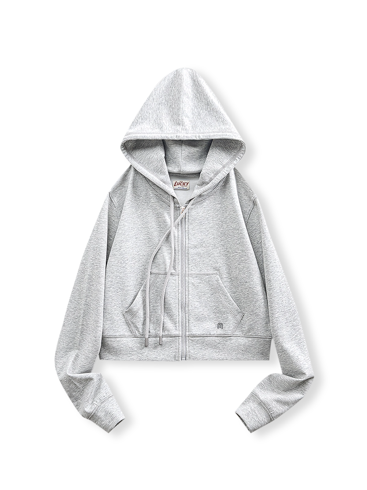 アメリカンストリートスタイルのグレーショート丈フーディージップアップ正面展示