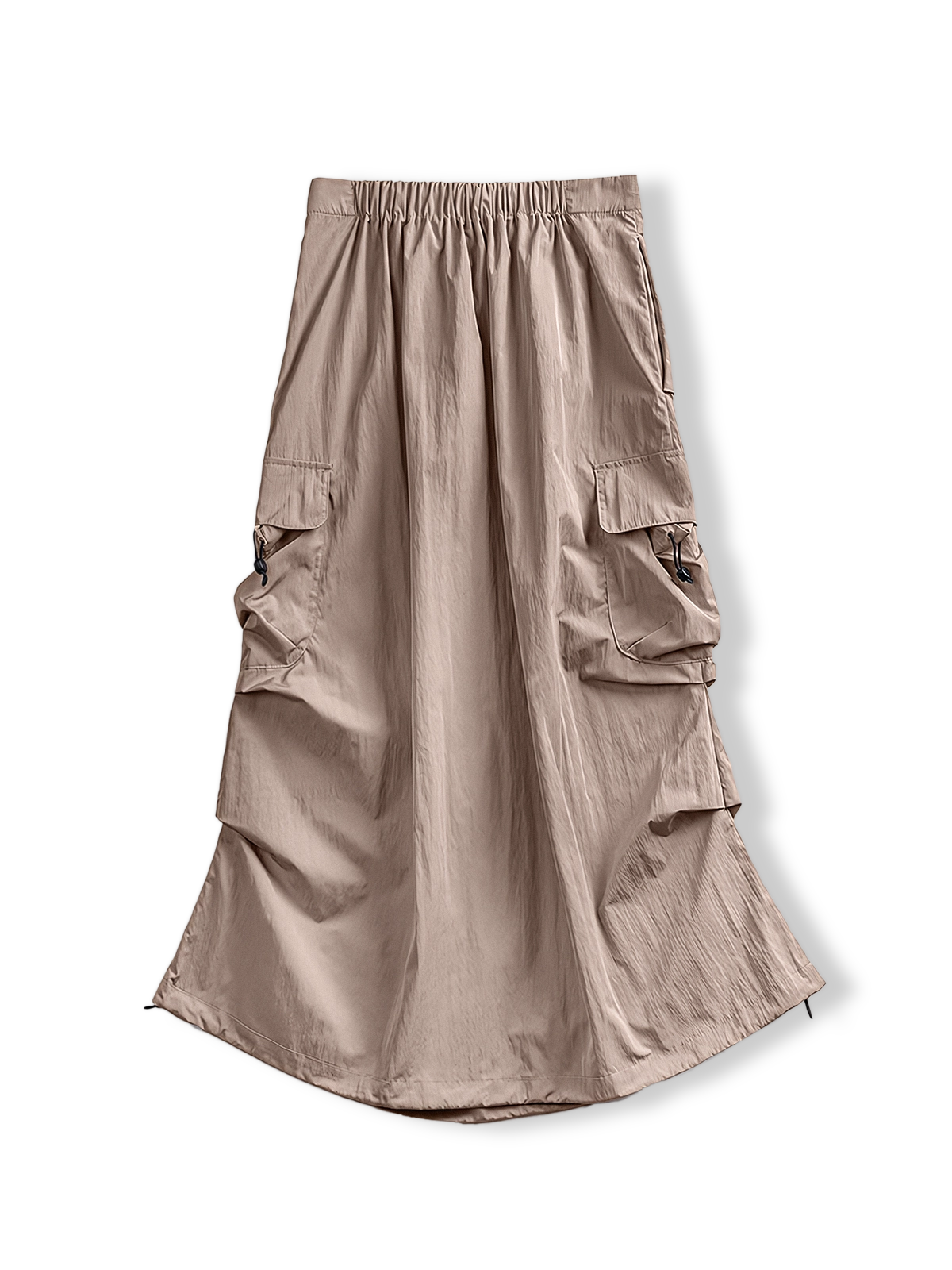 カーキ色のアウトドアスポーツパラシュートカーゴスカート正面展示。