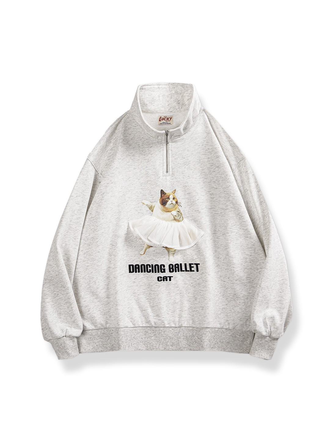 PESSOA CLUBのグレー「バレエキャット」レトロスウェットシャツ正面展示