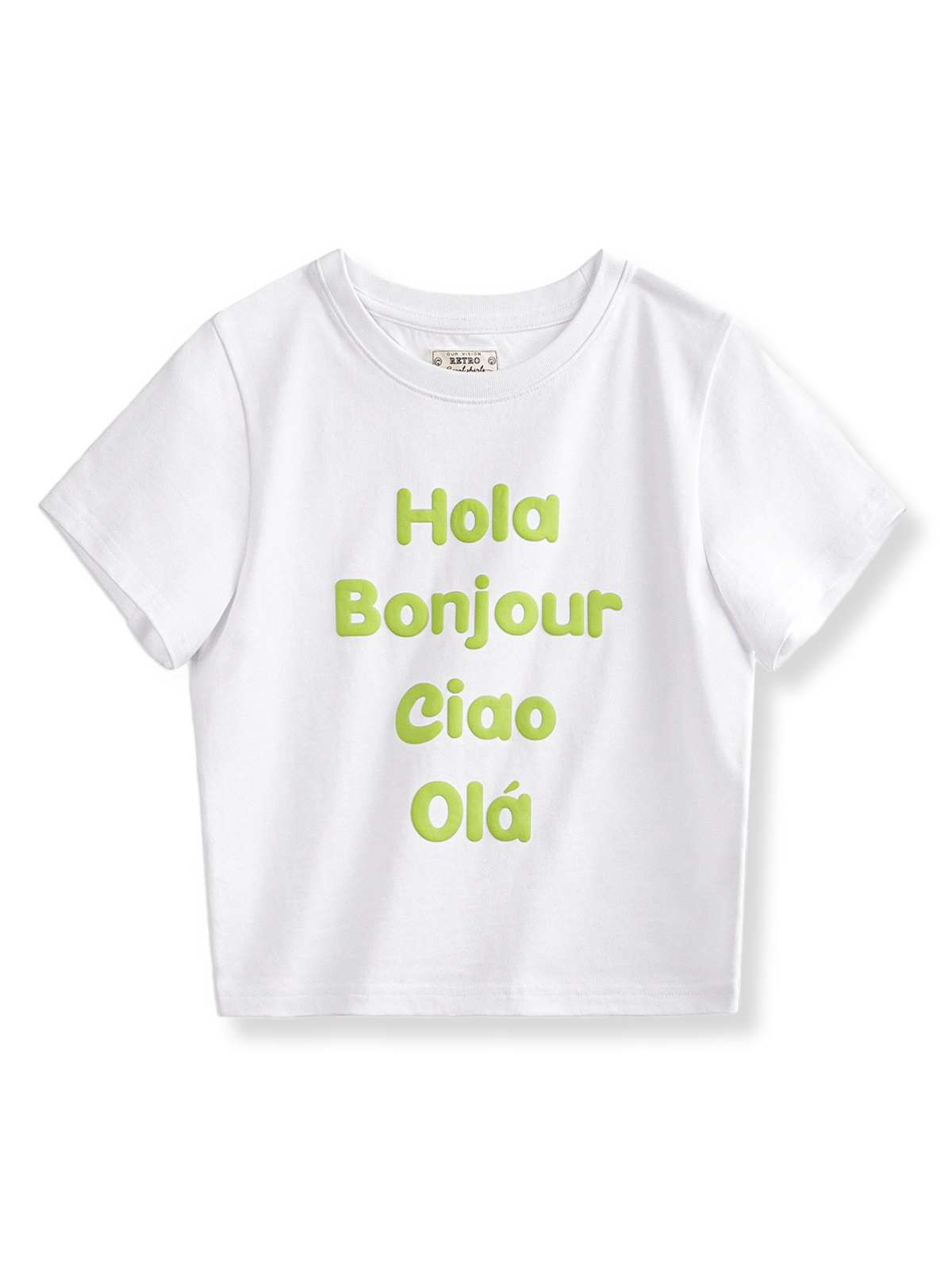 マルチランゲージプリントショートスリーブコットンTシャツ正面展示