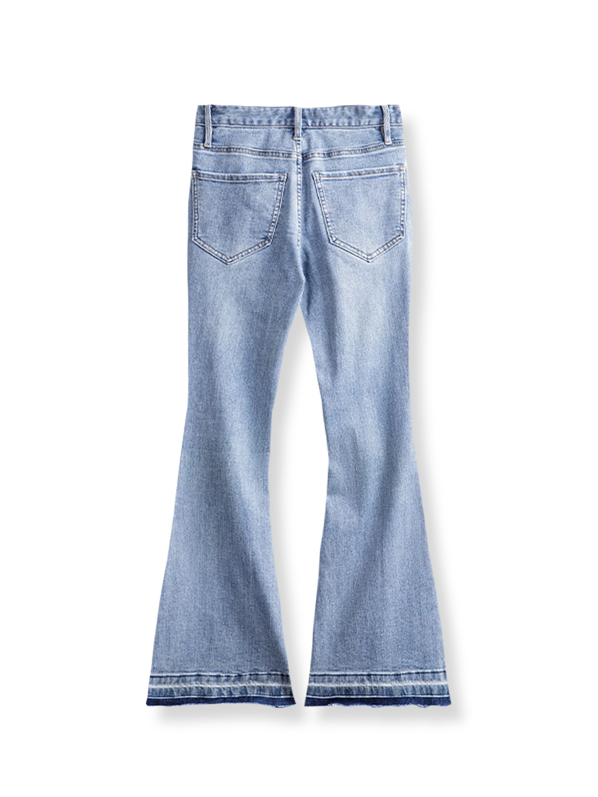 PESSOA CLUB レトロスタイルのディストレストライトブルーフレアデニムパンツ展示