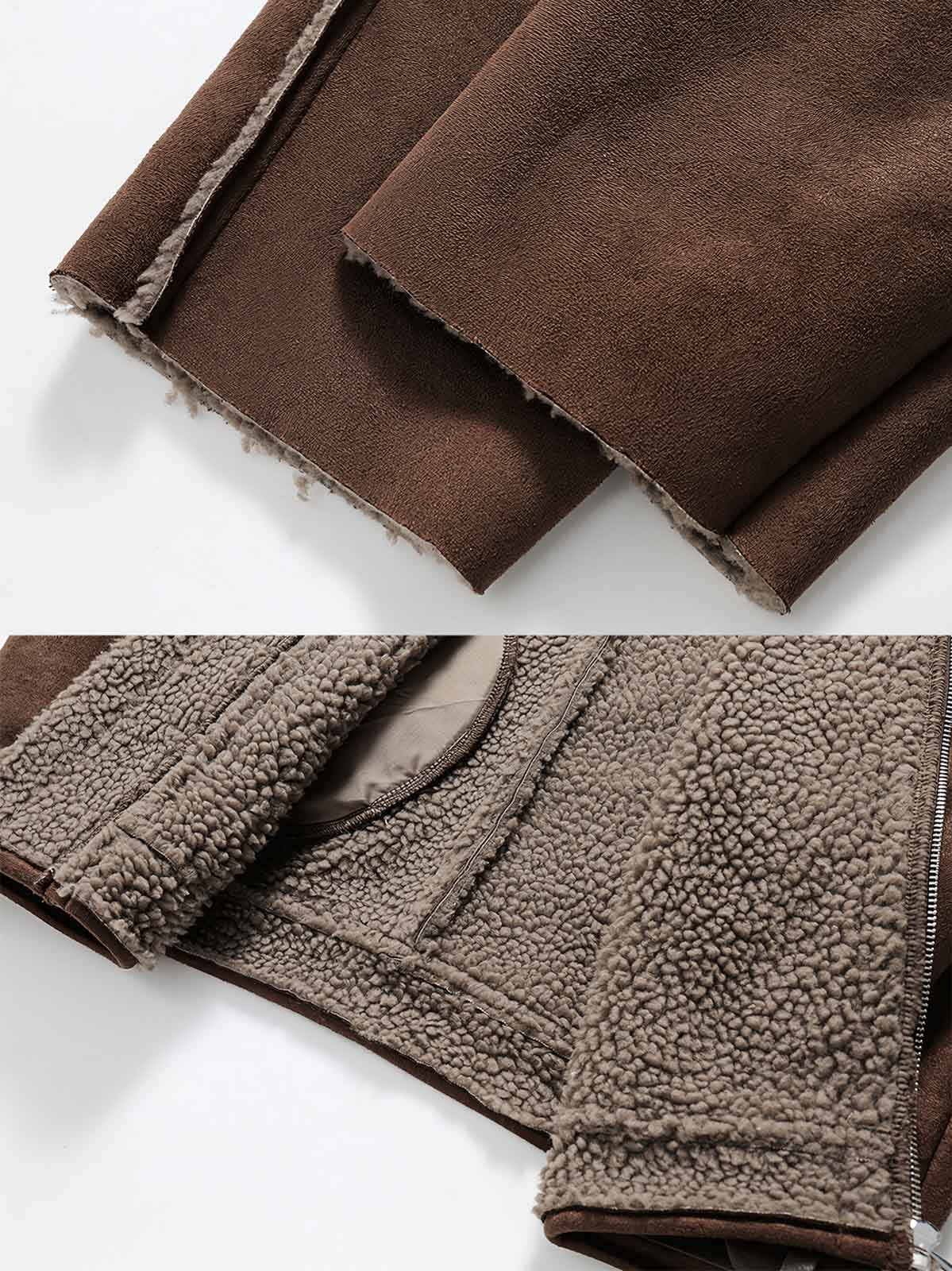 製品画像
"スエード調ラムファー中綿ジャケット、柔らかなスエード調表地とラムファー内側、レザー調ボタン、スタンドカラーとフラップカラーの切り替え可能デザイン"

詳細画像
"スエード調ラムファー中綿ジャケット、レザー調ボタンのディテール、スタンドカラーとフラップカラーが切り替え可能、実用的なポケット付き"