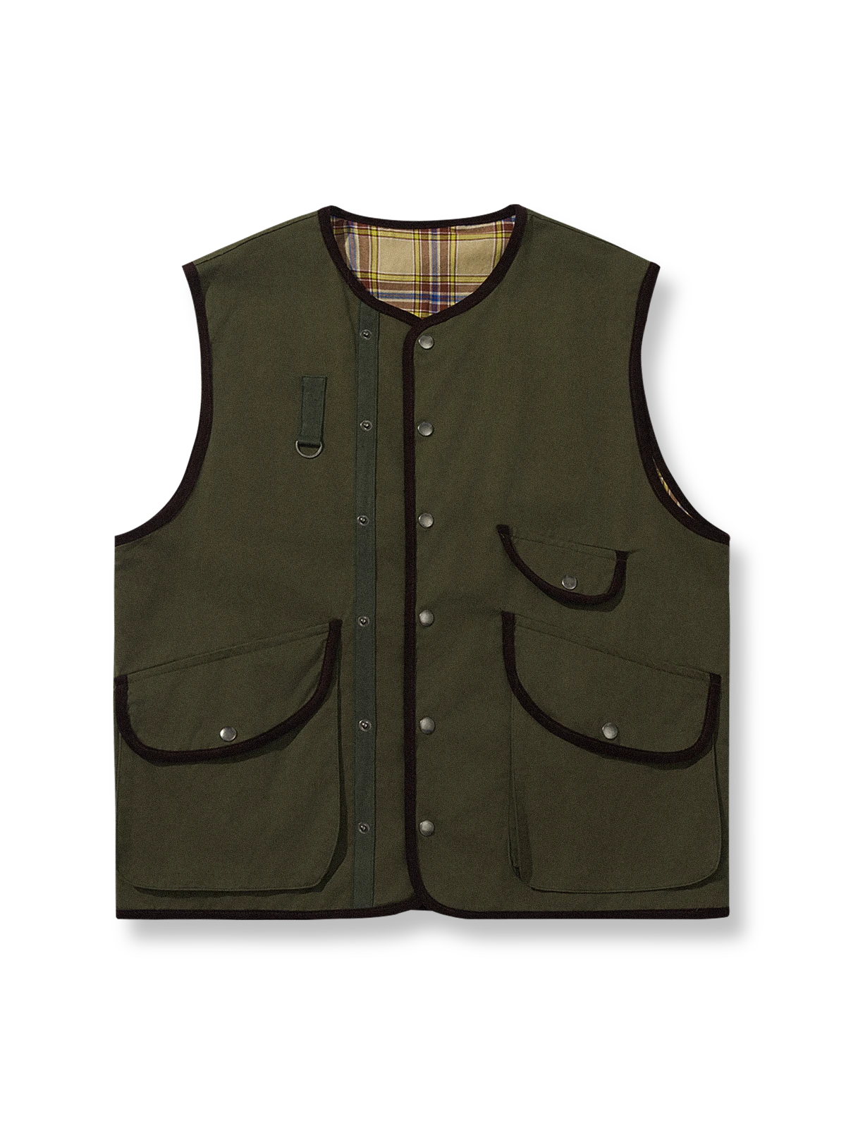 製品画像:
リバーシブル多ポケットハンティングベスト、無地とチェック柄の両面デザイン、アーチ型フラップと金属ボタン、アウトドアスタイルに最適な多機能ポケット、耐久性のある厚手コットン素材

詳細画像:
多ポケットデザイン、立体的なフロントポケット、D型フック付き胸ポケット、レトロなチェック柄裏地と高品質なパイピング仕上げで耐久性とビジュアル効果を強調