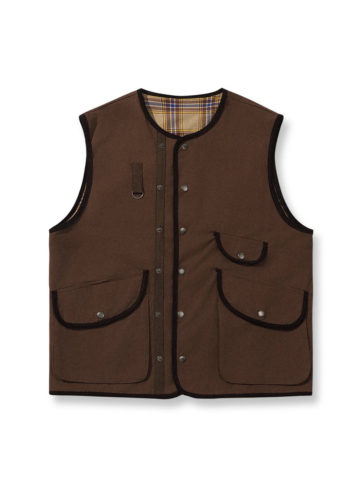 製品画像:
リバーシブル多ポケットハンティングベスト、無地とチェック柄の両面デザイン、アーチ型フラップと金属ボタン、アウトドアスタイルに最適な多機能ポケット、耐久性のある厚手コットン素材

詳細画像:
多ポケットデザイン、立体的なフロントポケット、D型フック付き胸ポケット、レトロなチェック柄裏地と高品質なパイピング仕上げで耐久性とビジュアル効果を強調