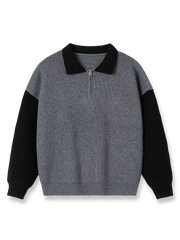 製品画像
「オープンカラー バイカラー ニットセーター全体像。開襟デザインとルーズフィットシルエットが特徴のバイカラーセーター」

詳細画像
「オープンカラー バイカラー ニットセーターのディテール。袖のバイカラーデザインとジッパー付き襟のクローズアップ」