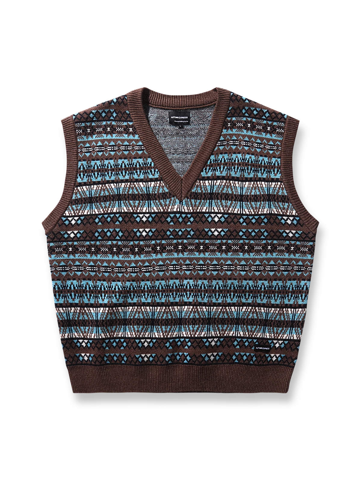 製品画像：
ナバホ風幾何学模様を取り入れたVネックニットベスト。ジャガード技法による立体感とヴィンテージ感が特徴。100%コットンの柔らかなニット素材で、通年着用可能。

詳細画像：
ナバホ風の幾何学模様がデザインのポイント。Vネックデザインで、シャツやタートルネックとのレイヤードスタイルが楽しめます。肌触りの良い100%コットン素材。