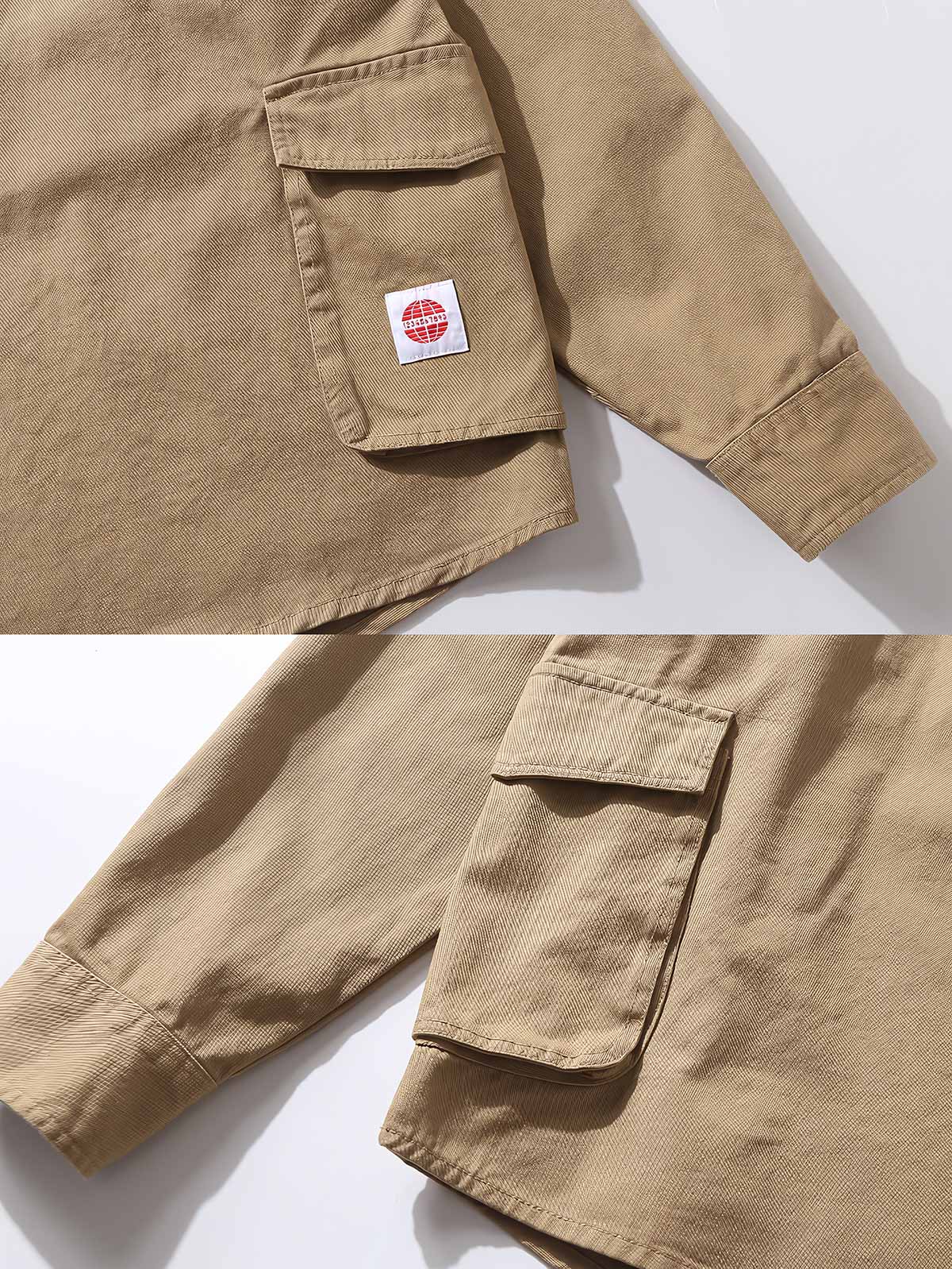 製品画像:
「クラシックなポロカラーとヴィンテージ感のあるカーキ色が特徴のカジュアルシャツ。100%高品質コットン素材を使用し、柔らかな肌触りと通気性を備えた、中厚のルーズフィットデザイン。前立てボタンやラウンドヘムがカジュアルでリラックスした印象を与える正面全体展示図。」

詳細画像:
「ヴィンテージスタイルのポロカラーシャツ、大容量ポケットとボタン付き前立てを備えたディテールデザイン。100%コットン素材の柔らかさと通気性を表現し、ラウンドヘムのカジュアルさをクローズアップ。」
