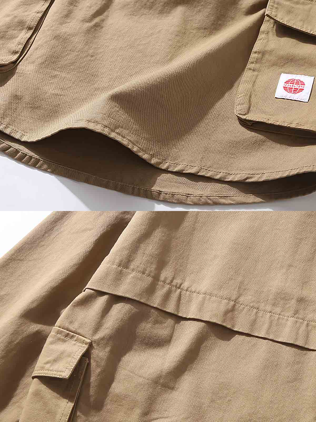 製品画像:
「クラシックなポロカラーとヴィンテージ感のあるカーキ色が特徴のカジュアルシャツ。100%高品質コットン素材を使用し、柔らかな肌触りと通気性を備えた、中厚のルーズフィットデザイン。前立てボタンやラウンドヘムがカジュアルでリラックスした印象を与える正面全体展示図。」

詳細画像:
「ヴィンテージスタイルのポロカラーシャツ、大容量ポケットとボタン付き前立てを備えたディテールデザイン。100%コットン素材の柔らかさと通気性を表現し、ラウンドヘムのカジュアルさをクローズアップ。」
