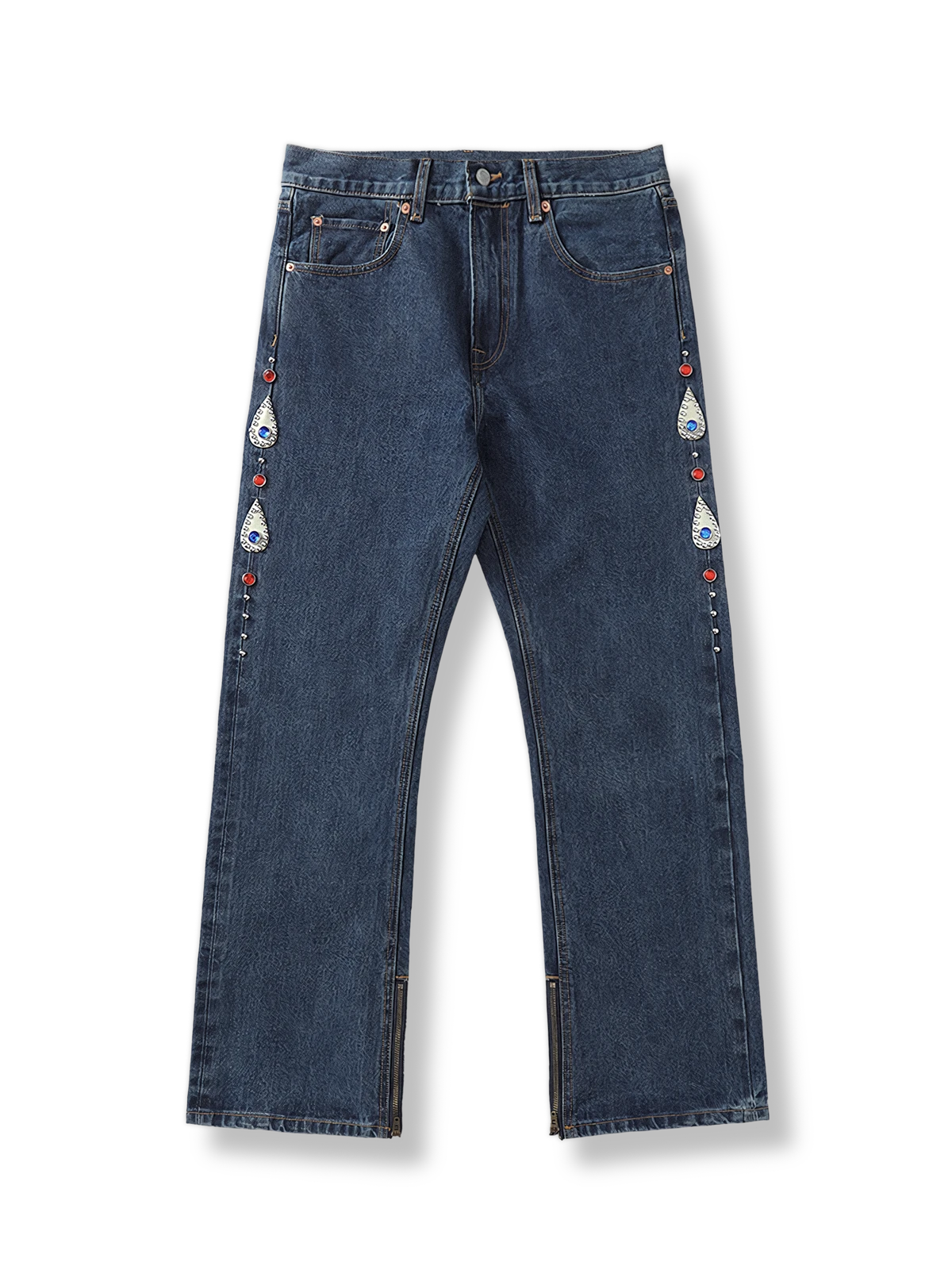 レトロ リベット付き ダイヤモンド装飾 セルビッチ フレアデニムパンツ