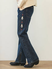 レトロ リベット付き ダイヤモンド装飾 セルビッチ フレアデニムパンツ