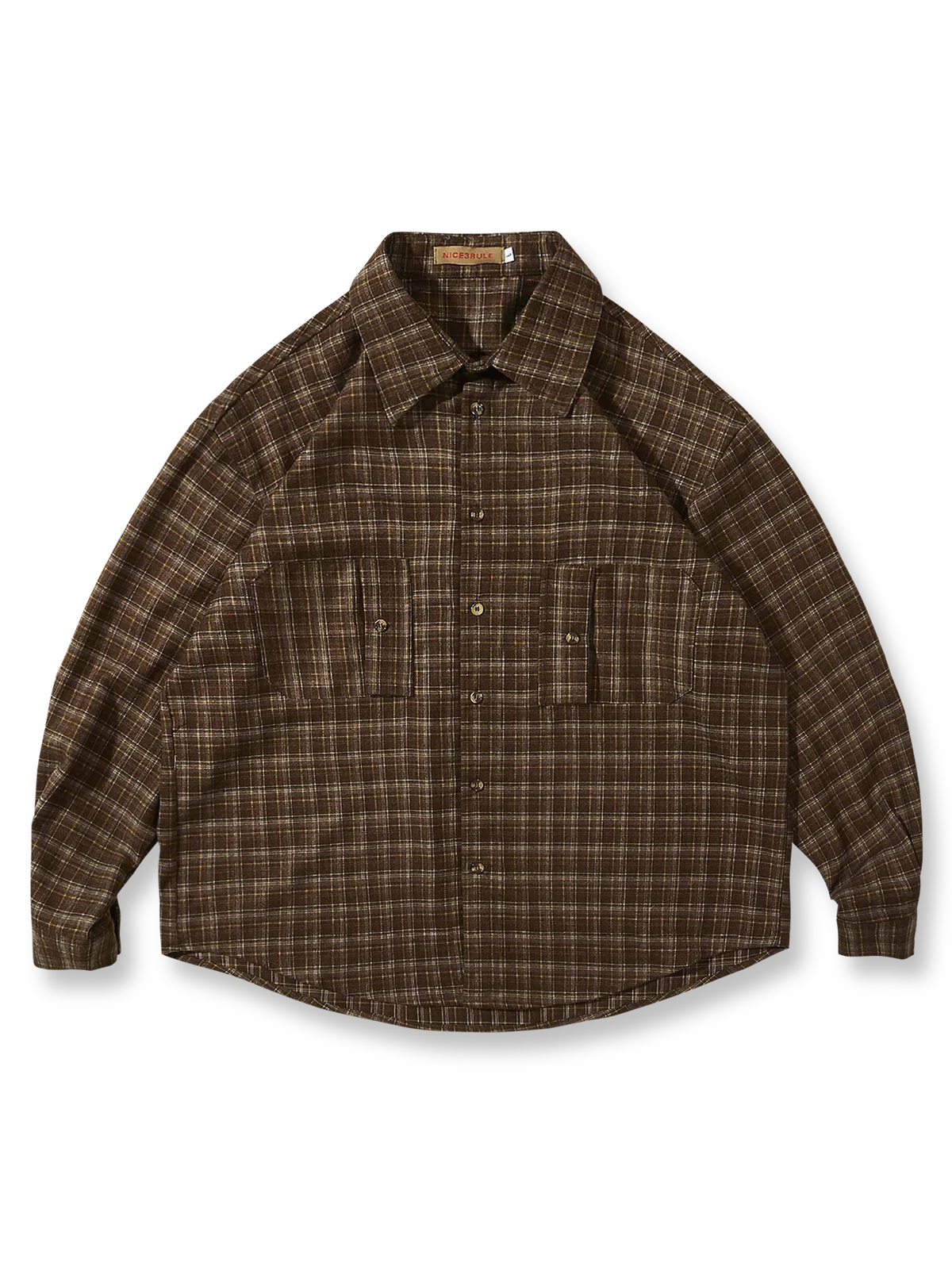 製品画像
「ヴィンテージチェック柄シャツの全体展示図。クラシックなブルー＆ブラウン、イエロー＆ブラウンのチェック柄デザインがアメカジスタイルの魅力を引き立て、アコーディオンポケットとラウンドヘムデザインがポイント。」

詳細画像
「胸元のアコーディオンポケットとチェック柄のディテール特写。収納機能と立体感を演出し、スタイリングにアクセントを加えるデザイン。」
